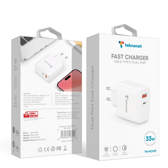 Teknonet TN-HCH13 Beyaz 33W Hızlı Şarj Aleti (NT-112863) - Type-C & USB-A Çıkışlı, 1m Kablo, 3.0A Güç, PD, Güvenli Şarj