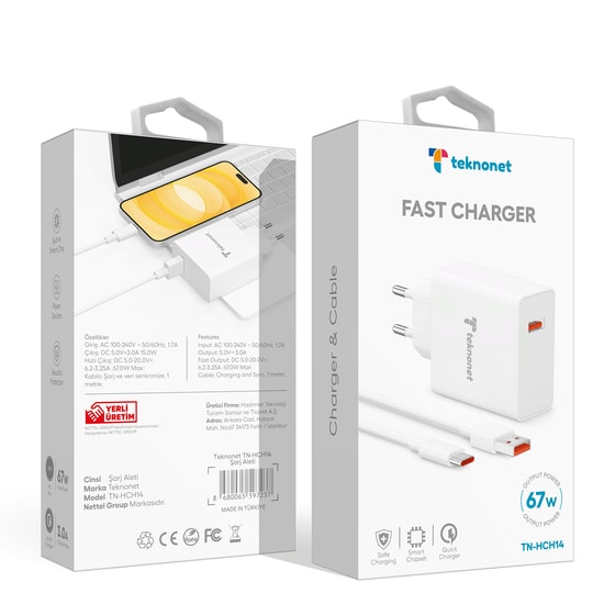 Teknonet TN-HCH14 67W Beyaz Type-C Kablo + Hızlı Şarj Aleti (NT-112864) - USB-A Çıkışlı, PD, 1 Metre Kablo, 3.0A Güç