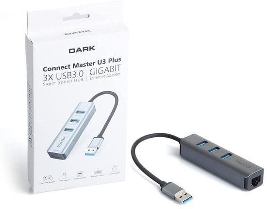 Dark DK-AC-USB332GL USB 3.0 Çoklayıcı ve Gigabit Ethernet Adaptörü - 3 Port USB 3.0, 1000 Mbps RJ45 - Gri Alüminyum Kasa