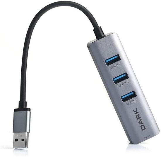 Dark DK-AC-USB332GL USB 3.0 Çoklayıcı ve Gigabit Ethernet Adaptörü - 3 Port USB 3.0, 1000 Mbps RJ45 - Gri Alüminyum Kasa