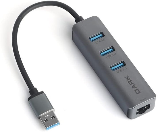 Dark DK-AC-USB332GL USB 3.0 Çoklayıcı ve Gigabit Ethernet Adaptörü - 3 Port USB 3.0, 1000 Mbps RJ45 - Gri Alüminyum Kasa