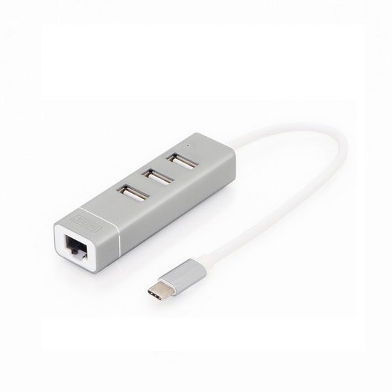 Digitus DA-70253 Type-C Hub - 3xUSB 2.0, RJ45 (10/100Mbps), RTL8152B Chipset, 20cm Kablolu Alüminyum Gövde