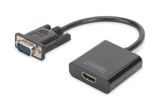 Digitus VGA Erkek to HDMI Dişi Siyah Dönüştürücü (DA-70473) - Full HD 1080p 60Hz Desteği, 15cm Kablo, 3.5mm Ses Girişi