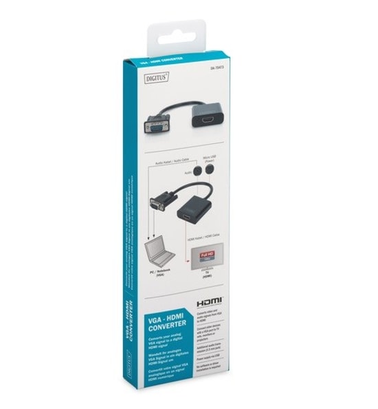 Digitus VGA Erkek to HDMI Dişi Siyah Dönüştürücü (DA-70473) - Full HD 1080p 60Hz Desteği, 15cm Kablo, 3.5mm Ses Girişi