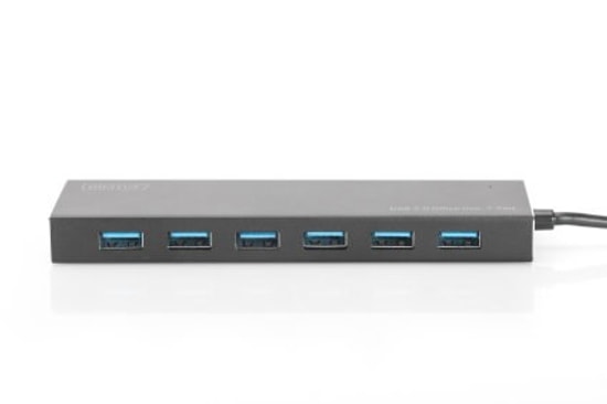 Digitus USB 3.0 7 Port Çoklayıcı (DA-70241-1) - 5V/3.5A Şarj Adaptörü Dahil, Alüminyum Kasa, LED Gösterge, 1m Kablolu