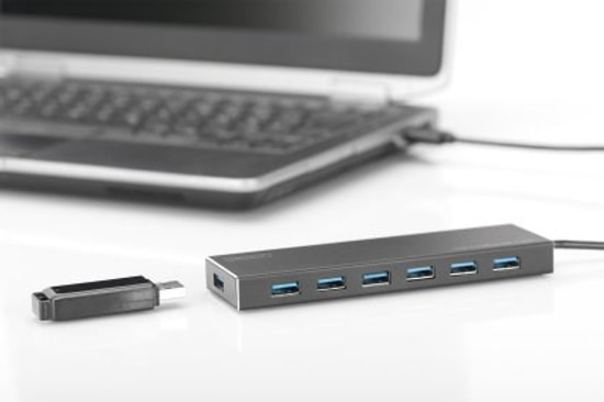 Digitus USB 3.0 7 Port Çoklayıcı (DA-70241-1) - 5V/3.5A Şarj Adaptörü Dahil, Alüminyum Kasa, LED Gösterge, 1m Kablolu