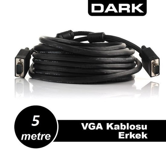 Dark DK-CB-VGAL500 5 Metre Ferrit Core Çift  EMI/RFI Filtreli VGA Erkek Kablo - 8mm Çap, 30 AWG Saf Bakır, ABS Kaplama