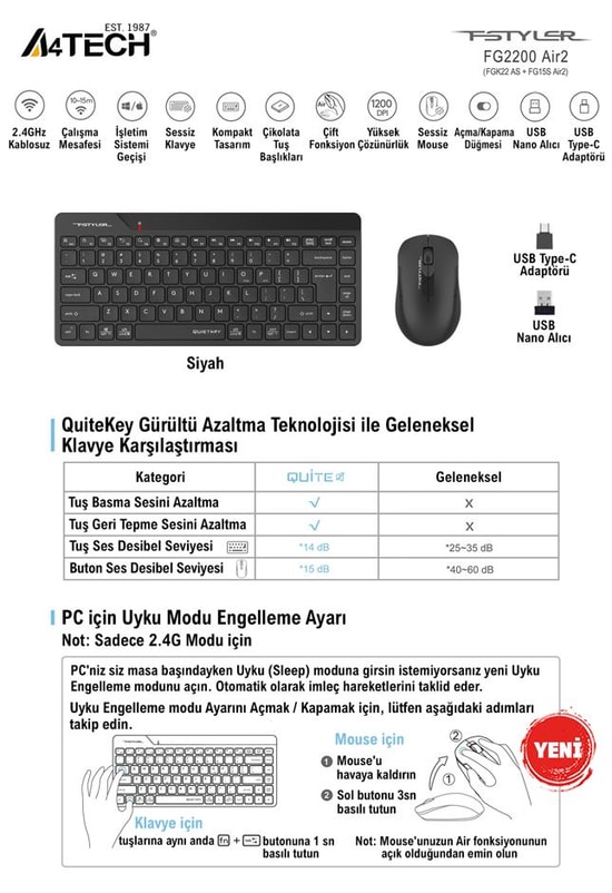 A4 Tech FG2200 Air Siyah Kablosuz Türkçe Q Mini Klavye Mouse Set - 1000 Dpi Optik, Ergonomik Tasarım, 10m Menzil, Sessiz