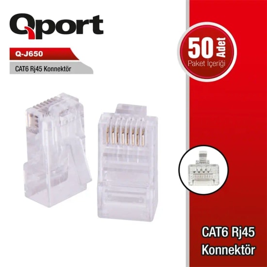 Qport Q-J650 CAT6 RJ45 Konnektör - 50'li Paket, Gigabit Ethernet Uyumlu, Yüksek Performanslı Bağlantı