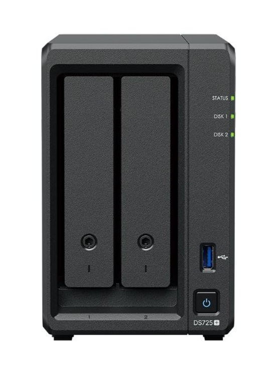 Synology DS725 Plus 2 Disk 2 M.2 SSD Yuvalı NAS: AMD Ryzen R1600 İşlemci, 4GB DDR4, USB 3.2, 2.5G RJ45, Kompakt Yapı