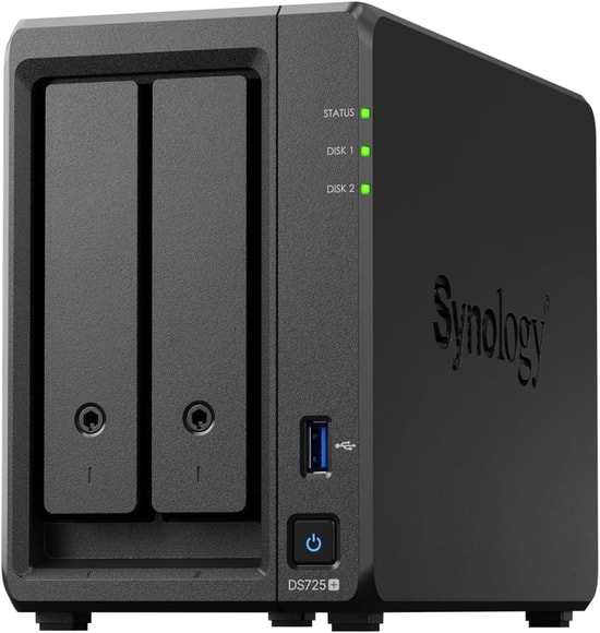 Synology DS725 Plus 2 Disk 2 M.2 SSD Yuvalı NAS: AMD Ryzen R1600 İşlemci, 4GB DDR4, USB 3.2, 2.5G RJ45, Kompakt Yapı