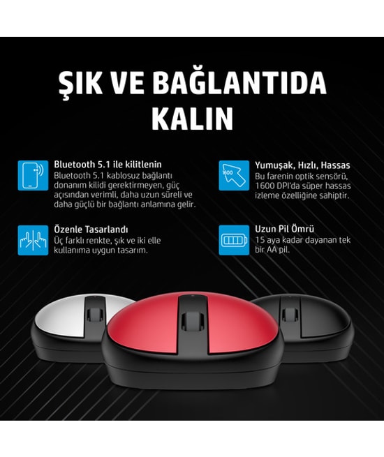HP 240 Siyah Bluetooth 5.1 Kablosuz Mouse (3V0G9AA) - 1600 DPI Optik Sensör, 4 Tuşlu, Ergonomik Tasarım, 10m Menzil