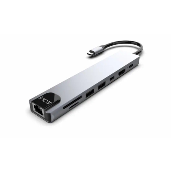 Inca ITPC-7T 8 in 1 Type-C Multi Port Hub - USB C, USB 2.0, RJ45, HDMI 4K 30hz, SD/MicroSD Kart Okuyucu, Alüminyum Kasa