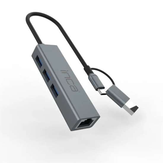 INCA IUTP-03TX USB A/Type C 4 in 1 Hub - 3 Port USB 3.0 10 Gbps, Gigabit RJ45 Çıkış, Alüminyum Kasa Çoklayıcı