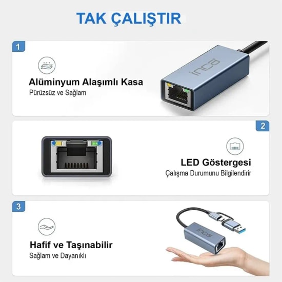 Inca IUTP-01TX USB A/Type C Gigabit Ethernet USB 3.0 Ağ Adaptörü - 1000Mbps RJ45, Geniş Uyumluluk, Alüminyum Çevirici