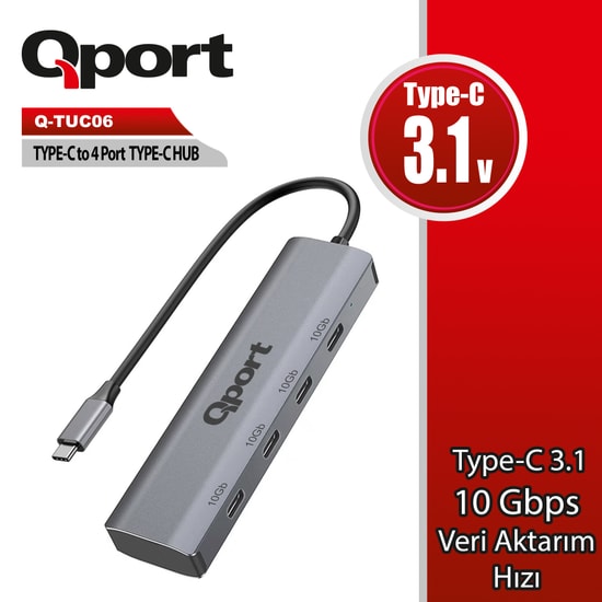 QPORT Q-TUC06 Type-C 3.1 to 4 Port Type-C Hub - USB 3.2 Gen1, Alüminyum Gri Gövde, 10Gbps Yüksek Hızlı Veri Çoklayıcı