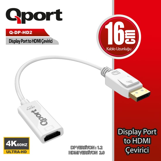QPORT Q-DP-HD2 DisplayPort to HDMI 4K 60Hz Çevirici - 16cm Kablo, DP 1.2, HDMI 2.0, Yüksek Çözünürlüklü Görüntü Aktarımı