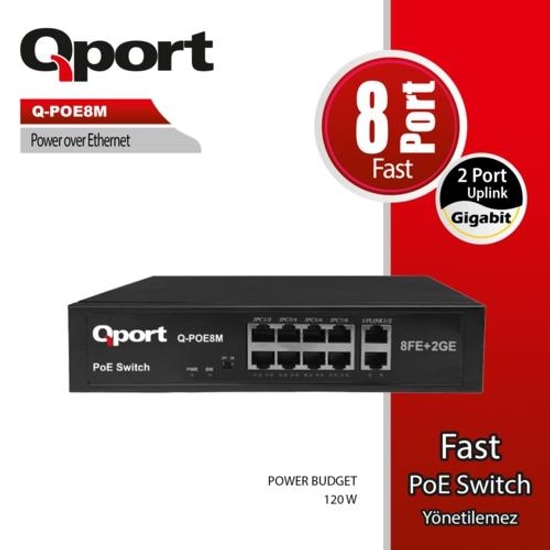 Qport Q-POE8M 8 Port 10/100 PoE Switch - 2 Port Gigabit Uplink, 120W PoE Desktop Yönetilemez Ağ Anahtarı