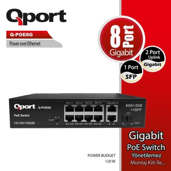 Qport Q-POE8G 8 Port Gigabit PoE Switch - 2 Gigabit Uplink, 1 SFP Port, 120W PoE Yönetilemez Anahtar, Montaj Kit Dahil