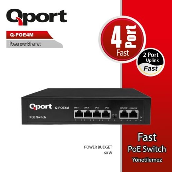Qport Q-POE4M 4 Port 10/100 PoE Switch - 2 Port 10/100 Uplink, 60W PoE Desktop Yönetilemez Ağ Anahtarı