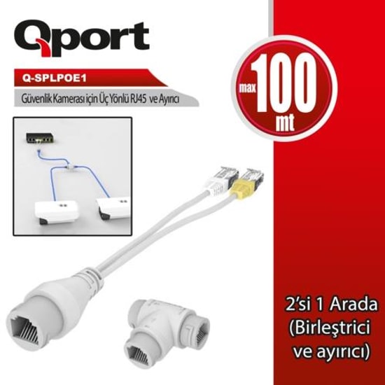 Qport Q-SPLPOE1 PoE Splitter - 2'si 1 Arada (Birleştirici ve Ayırıcı), 3 Yollu RJ45 Ağ Konnektörü, Max 100m Uygunluk