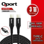 Qport Q-TYPE-C3 3 Metre Type-C 100W Süper Hızlı Şarj ve Data Kablosu - USB-C PD Hızlı Şarj Desteği ve Data Aktarımı