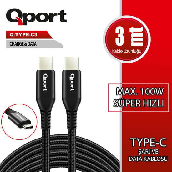 Qport Q-TYPE-C3 3 Metre Type-C 100W Süper Hızlı Şarj ve Data Kablosu - USB-C PD Hızlı Şarj Desteği ve Data Aktarımı