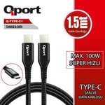 Qport Q-TYPE-C1 1.5 Metre Type-C 100W Süper Hızlı Şarj ve Data Kablosu - USB-C PD Hızlı Şarj Desteği ve Data Aktarımı