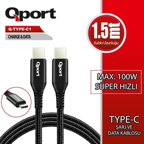 Qport Q-TYPE-C1 1.5 Metre Type-C 100W Süper Hızlı Şarj ve Data Kablosu - USB-C PD Hızlı Şarj Desteği ve Data Aktarımı