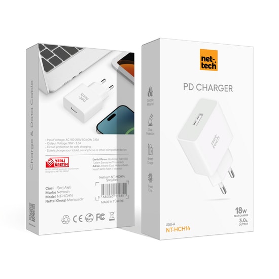 Nettech NT-HCH14 Beyaz 18W Hızlı Şarj Aleti - USB-A Girişli, 3.0A Çıkış, Akım Koruma Özellikli Akıllı Şarj