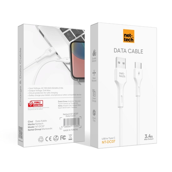 Nettech NT-DC07 Beyaz 100cm Type-C Şarj ve Data Kablosu - 3.4A Hızlı Şarj, Dayanıklı Plastik Malzeme, Akım Koruma