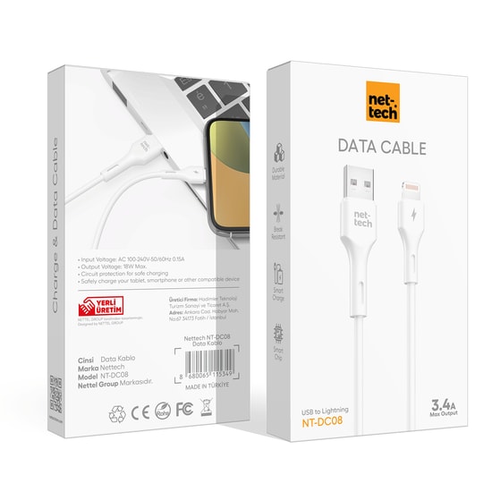 Nettech NT-DC08 Beyaz 100cm Lightning Şarj ve Data Kablosu - 3.4A Hızlı Şarj, Dayanıklı Plastik Malzeme, Akım Koruma