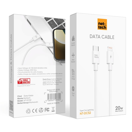 Nettech NT-DC52 20W Type-C to Lightning 100cm Beyaz Hızlı Şarj ve Data Kablosu (NT-112818) - Akıllı Akım Koruma Özelliği