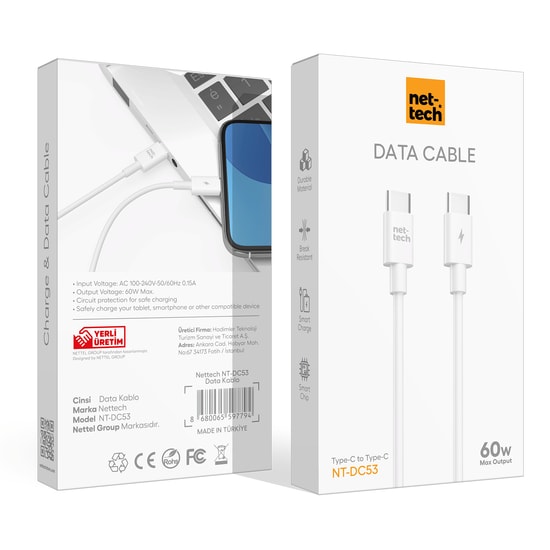 Nettech NT-DC53 60W Type-C to Type-C 100cm Beyaz Hızlı Şarj ve Data Kablosu (NT-112819) - Akıllı Akım Koruma Özellikli