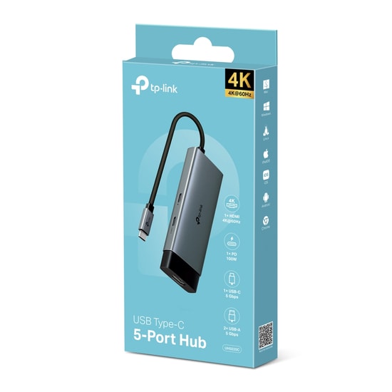 TP-Link UH5020C Type-C 5 Portlu Hub - 5Gbps Transfer Hızı, 2xUSB-A, 1xUSB-C, 4K 60Hz HDMI, 100W Şarj, Kompakt Tasarım
