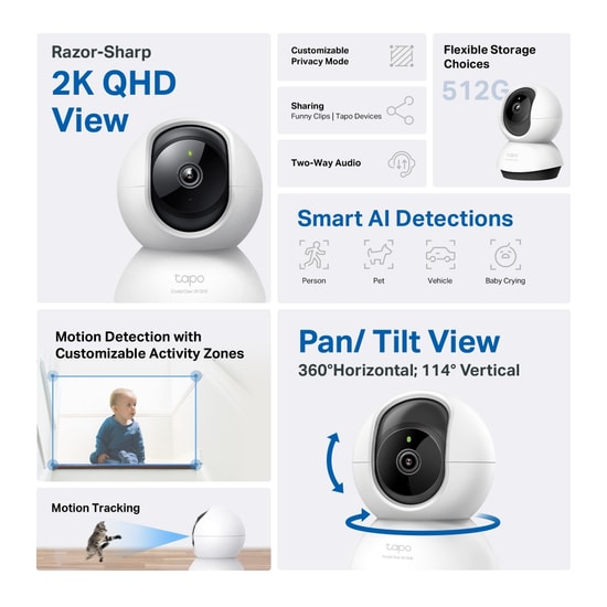 TP-Link Tapo C220 2K 4MP Pan/Tilt WiFi AI Destekli Güvenlik Kamerası - QHD, 1440p, Hareket Algılama, Gece Görüşlü, Sesli