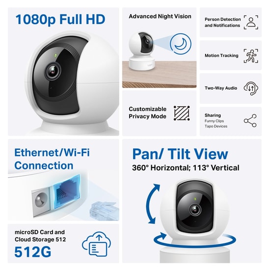TP-Link Tapo C202 Full HD Pan/Tilt WiFi Güvenlik Kamerası - 1080p, Gece Görüşlü, Hareket Algılama, Takip, İki Yönlü Ses