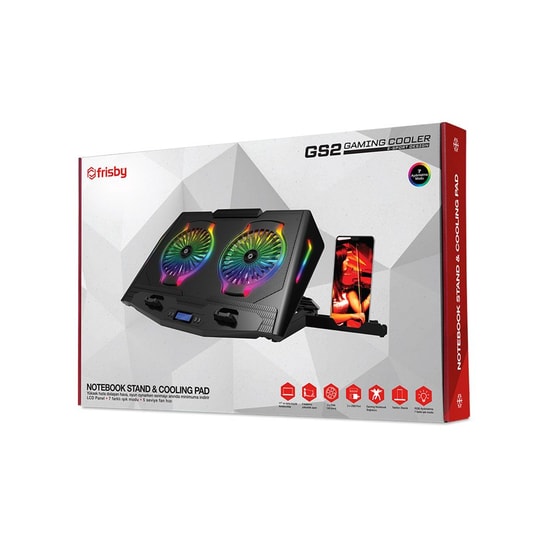Frisby FNC-5250ST GS2 RGB Notebook Soğutucu - 2x140mm Fan, 10-17" Uyumlu, 5 Kademeli, Telefon Tutuculu, 2xUSB, LCD Panel