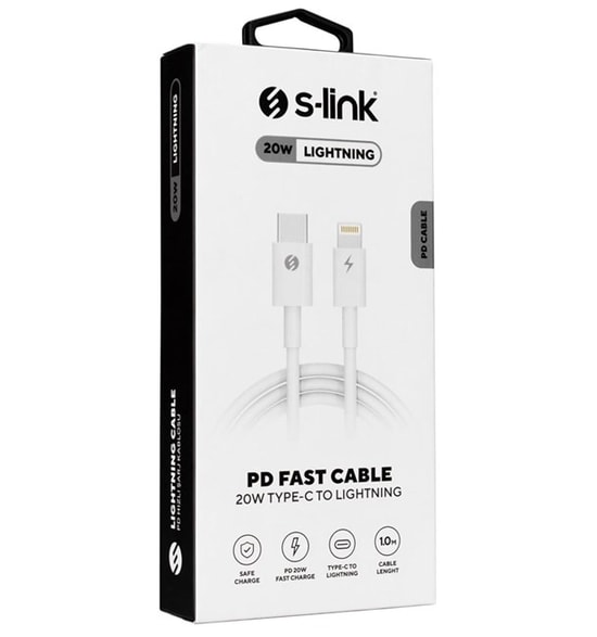 S-Link SL-C120 1 Metre Type-C to Lightning Hızlı Şarj Kablosu - 20W Power Delivery (PD), Beyaz, 5V/3A, 9V/2.2A
