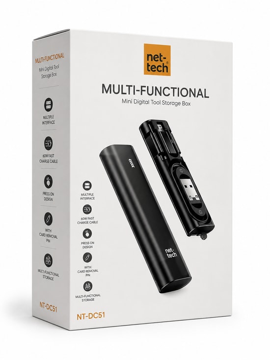 Nettech NT-DC51 Siyah Mini Boy Dijital Alet Çantası 60W Şarj ve Data Kablosu (NT-111351) - Çoklu Çıkış, Sim Kart Pin