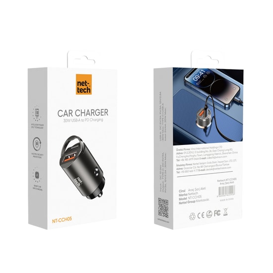 Nettech NT-CCH05 30W PD Siyah USB Araç Şarj Aleti (NT-111349) - Akıllı Hızlı Şarj, 2 Çıkış, USB-A Type-C Bağlantılı