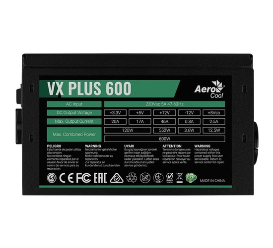Aerocool VX Plus 600W Aktif PFC Güç Kaynağı (AE-VXP600) - 120mm Fanlı, Sessiz, Akım Korumalı, Non Modüler PSU
