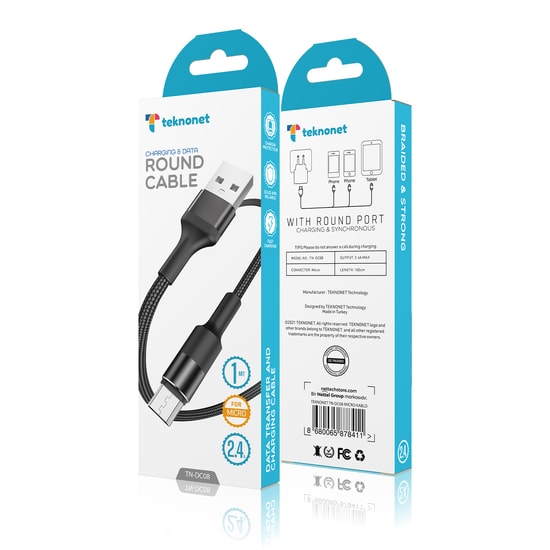 Teknonet TN-DC08 Siyah 100cm USB Micro Şarj Kablosu (NT-92574) - 2.4A Çıkış, İp Örgülü, Hızlı ve Güvenli Şarj