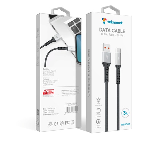 Teknonet TN-DC09 Siyah 33W İp Örgülü 100cm Type-C Şarj ve Data Kablosu (NT-92575) - 3.0A Çıkış, USB-A Giriş, Hızlı Şarj