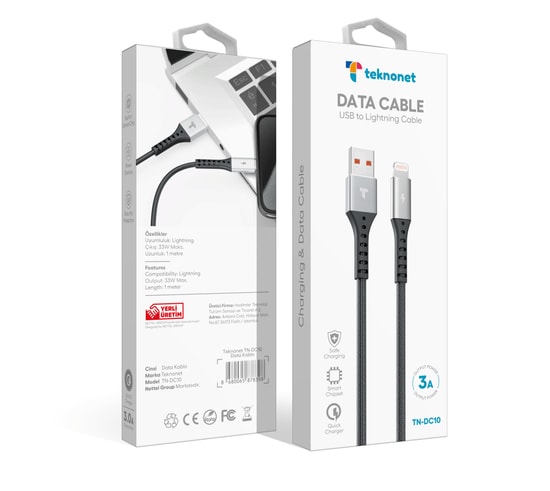 Teknonet TN-DC10 Siyah 100cm 33W Lightning Şarj ve Data Kablosu NT-92576 - 3.0A Çıkış, İp Örgülü, Hızlı Şarj Desteği