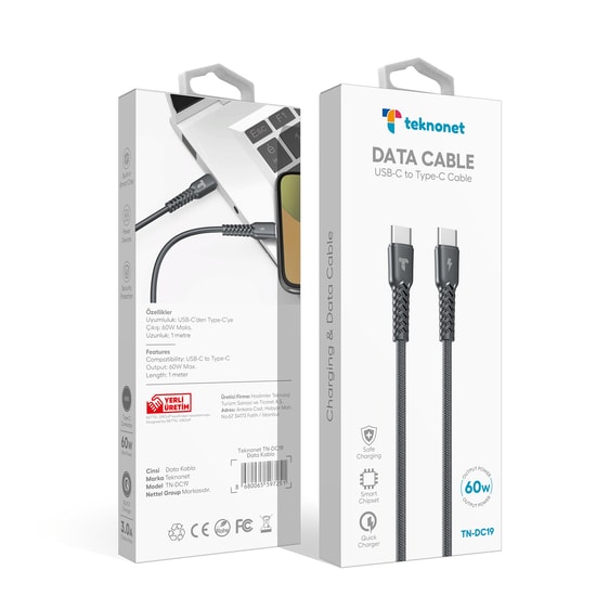Teknonet TN-DC19 60W Siyah 100cm Type-C Şarj ve Data Kablosu (NT-112862) - 3.0A Çıkış, İp Örgülü, Akıllı Çip, Hızlı Şarj