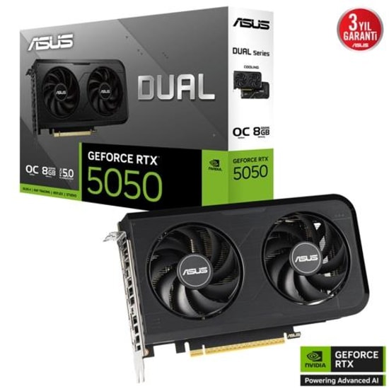 Asus Dual GeForce RTX 5050 OC 8GB GDDR6 Ekran Kartı (DUAL-RTX5050-O8G) - 128 Bit, 2677MHz, HDMI 2.1b, DP 2.1b, DLSS 4