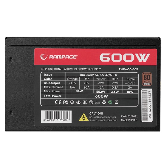 Rampage RMP-600-80P 600W 80+ Bronze Siyah ATX Güç Kaynağı - 12cm Fan, Aktif PFC, Yüzde 82 Verimli Power Supply
