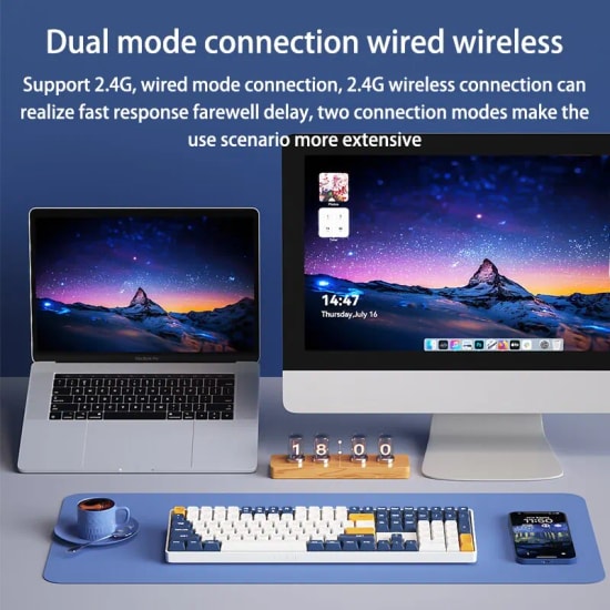 Aigo A108 Mavi Kablosuz Mekanik Oyuncu Klavyesi - İngilizce Q, Sarı Switch, 1200mAh Şarj Edilebilir, Ergonomik Tasarım