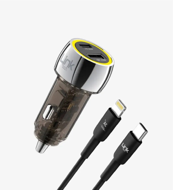 Linktech C438 55W Şeffaf Çift Çıkışlı Lightning Kablolu Süper Hızlı Araç Şarj Başlığı - USB A Max 30W, Type-C Max 25W